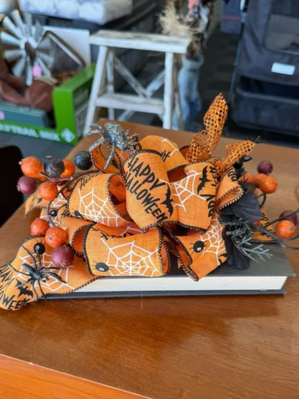 Halloween Decorative Book Centerpiece with Spider Web Ribbon & Spooky Accents